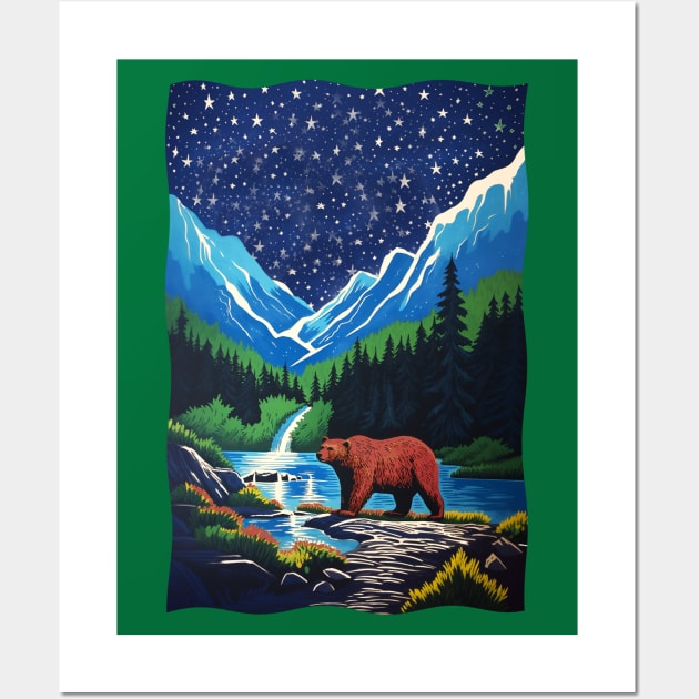 Grizzly Bear Mountains Lake Trees Stars in the Night Sky Wall Art by Pine Hill Goods